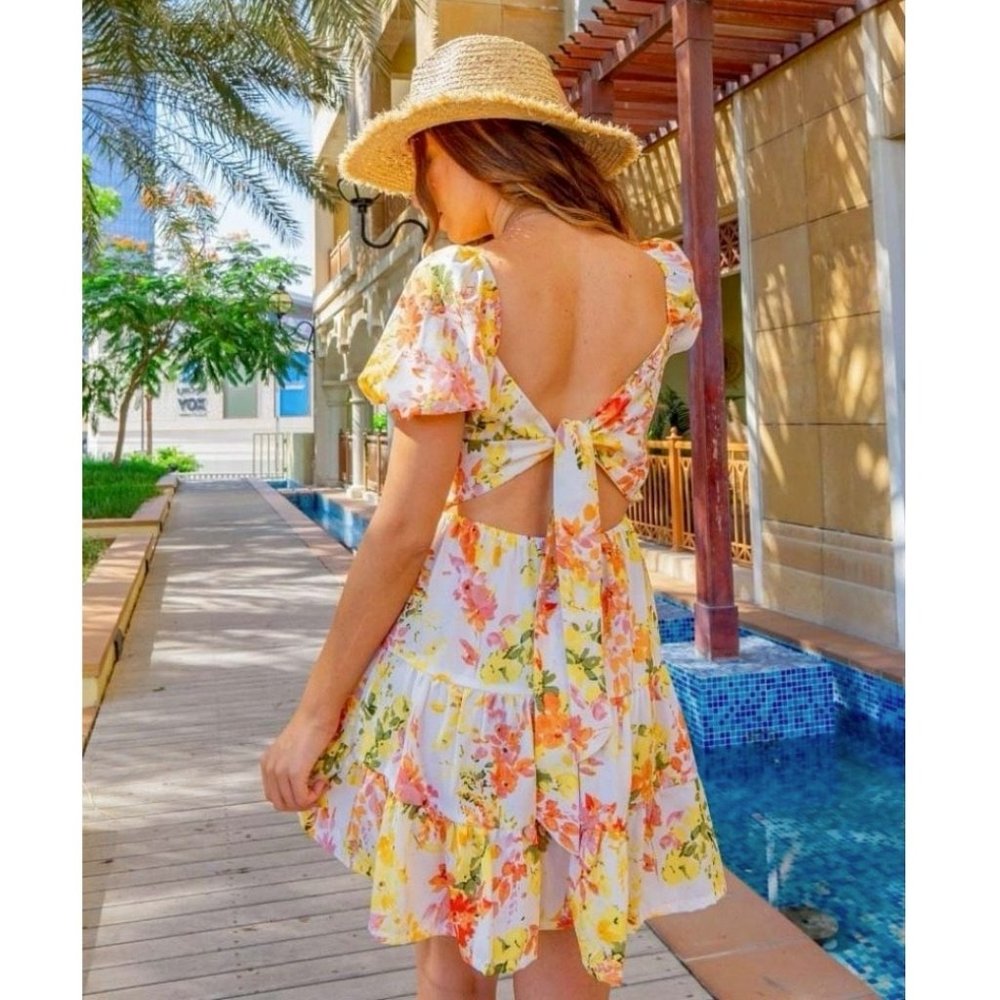 Yellow Floral Print Short Sleeve Open Back Mini Dress - Picture 3 of 10